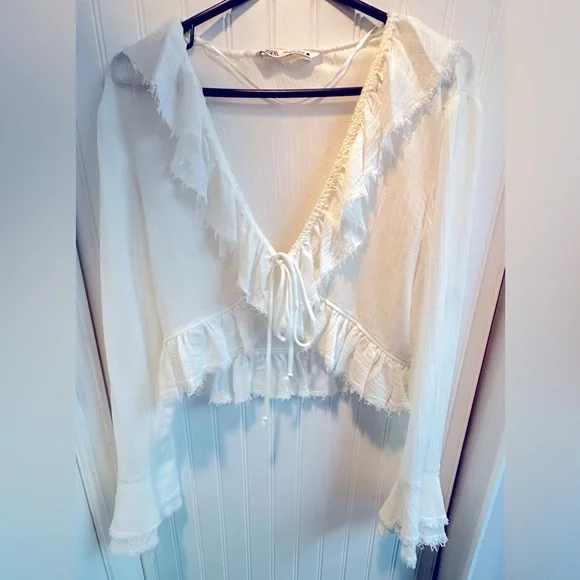 White Ruffled Cropped Blouse - Picture 1 of 2